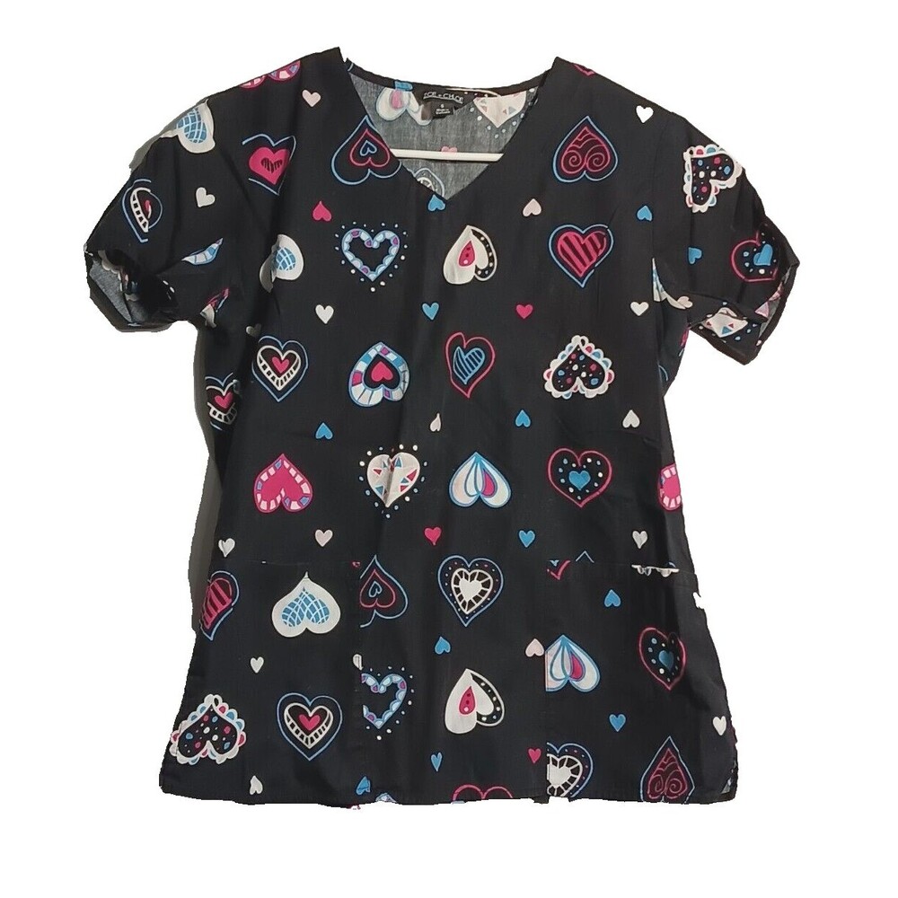 Zoe & Chloe Scrubs Top Size S Black with Hearts Pockets V Neck